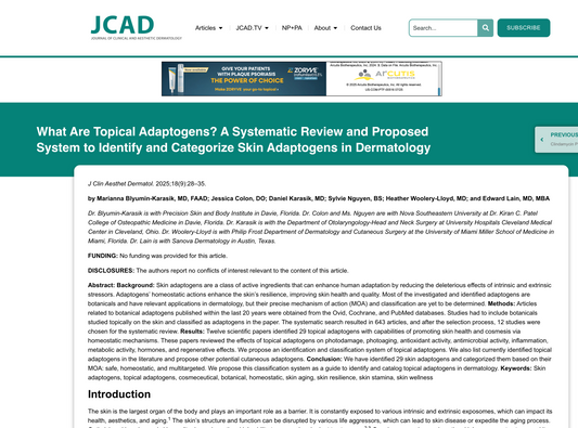 Published Article: What Are Topical Adaptogens? A Systematic Review and Proposed System to Identify and Categorize Skin Adaptogens in Dermatology